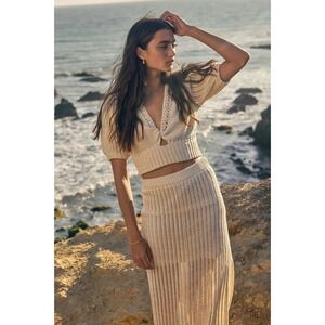 Saltwater‎ Luxe Suzi Knit Cream Boho Top And Midi Skirt Set Size Medium Beach